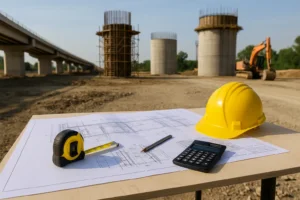 «میز کار مهندسی در کارگاه عمرانی با نقشه‌ها، متر، مداد، ماشین‌حساب و کلاه ایمنی زرد، در پس‌زمینه سازه‌های بتنی در حال ساخت و بیل مکانیکی»