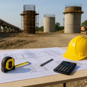 «میز کار مهندسی در کارگاه عمرانی با نقشه‌ها، متر، مداد، ماشین‌حساب و کلاه ایمنی زرد، در پس‌زمینه سازه‌های بتنی در حال ساخت و بیل مکانیکی»